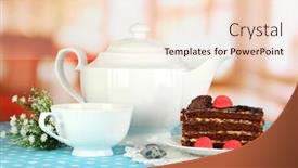  Presentation with cup cake - PPT theme featuring teapot cup of tea and delicious cake on room background background and a lemonade colored foreground