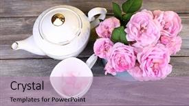  Presentation with color pink - Presentation theme having teapot of fresh pink garden background and a coral colored foreground