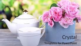  Presentation with pink roses - Audience pleasing slide set consisting of teapot of fresh pink garden backdrop and a teal colored foreground