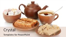  Presentation with halva - Amazing PPT layouts having teapot-with-cup-and-saucer backdrop and a coral colored foreground