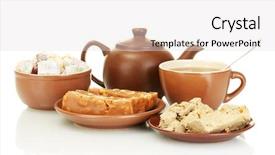  Presentation with halva - Slides having teapot with cup and saucer with oriental sweets - turkish delight sherbet and halva isolated on white background and a light gray colored foreground