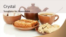  Presentation with halva - Audience pleasing slides consisting of teapot with cup and saucer with oriental sweets - turkish delight sherbet and halva isolated on white backdrop and a lemonade colored foreground