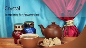  Presentation with teapot - Presentation theme having teapot-with-cup-and-saucer background and a light blue colored foreground