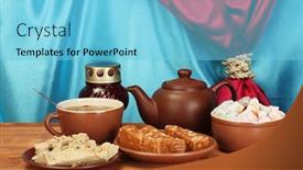  Presentation with halva - Colorful slide set enhanced with teapot with cup and saucers with oriental sweets - sherbet halva and turkish delight on wooden table on a background of curtain close-up backdrop and a light blue colored foreground
