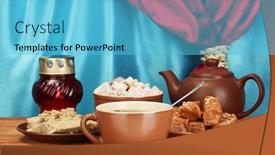 Presentation with halva - Theme enhanced with teapot with cup and saucers with oriental sweets - sherbet halva and turkish delight on wooden table on a background of curtain close-up background and a light blue colored foreground