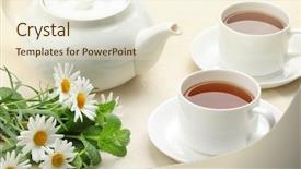  Presentation with flower - Presentation theme having teaset with flower on table background and a cream colored foreground