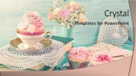  Presentation with vintage retro - Cool new PPT theme with teatime - cupcakes with pink flowers retro backdrop and a light gray colored foreground