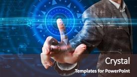  Presentation with high tech technology - Beautiful slide set featuring tech guy pressing high technology backdrop and a tawny brown colored foreground