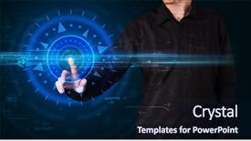  Presentation with high tech technology - Colorful presentation design enhanced with tech guy pressing high technology backdrop and a navy blue colored foreground