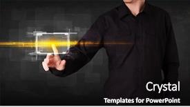  Presentation with tech - PPT theme with tech person touching button with orange light beams concept background and a black colored foreground