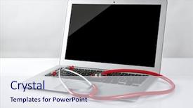  Presentation with laptop - Amazing slide deck having tech repairing medical equipment - laptop and stethoscope on white backdrop and a sky blue colored foreground