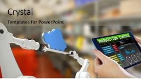  Presentation with factory equipments - Audience pleasing PPT theme consisting of tech stack - hands holding tablet against equipments backdrop and a coral colored foreground