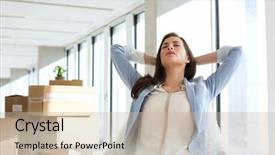  Presentation with new office - Presentation enhanced with tech stack - relaxed young businesswoman with hands background and a soft green colored foreground