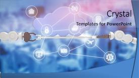  Presentation with tech stack - Beautiful presentation design featuring tech stack - smartphone apps icons against image backdrop and a light blue colored foreground