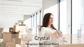  Presentation with sustainable coffee competition - Theme consisting of tech stack - thoughtful young businesswoman having coffee background and a soft green colored foreground