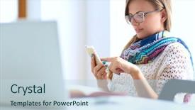  Presentation with tech stack - Audience pleasing presentation design consisting of tech stack - woman use of mobile phone backdrop and a  colored foreground