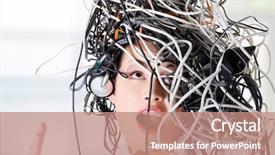  Presentation with cables - Slide set enhanced with tech support - troubled shocked businesswoman with cables background and a coral colored foreground