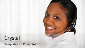  Presentation with customer service - Amazing slide deck having tech support - young woman giving help backdrop and a light gray colored foreground