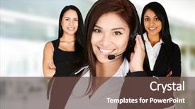  Presentation with customer service - Presentation featuring tech support - young woman giving help background and a tawny brown colored foreground