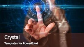  Presentation with high tech technology - Cool new PPT theme with tech woman pressing high technology backdrop and a tawny brown colored foreground