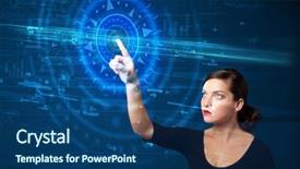 Presentation with high tech technology - PPT layouts enhanced with tech woman pressing high technology control panel screen concept background and a ocean colored foreground