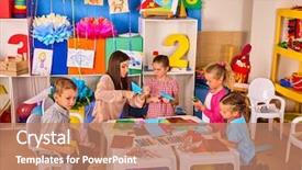  Presentation with kids development - Colorful PPT theme enhanced with techer in class development backdrop and a coral colored foreground