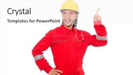  Presentation with technical - Beautiful presentation theme featuring technical choice - man wearing red coveralls isolated backdrop and a white colored foreground