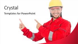  Presentation with red and white industry - Audience pleasing theme consisting of technical choice - man wearing red coveralls isolated backdrop and a white colored foreground