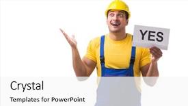  Presentation with landscape maintenance worker safety - Colorful PPT layouts enhanced with technical choice - worker responding positively yes isolated backdrop and a  colored foreground