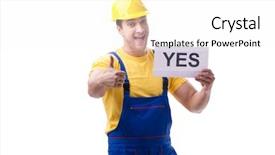  Presentation with yes - Cool new PPT theme with technical choice - worker responding positively yes isolated backdrop and a  colored foreground