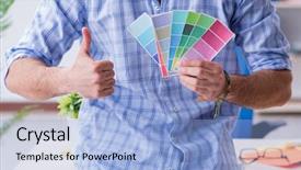  Presentation with studio - Theme with technical choice - young designer working in his background and a  colored foreground