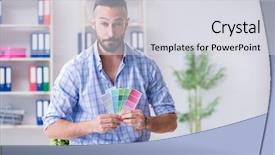  Presentation with new job description - Slide deck consisting of technical choice - young designer working in his background and a  colored foreground