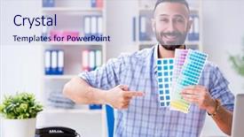  Presentation with studio music lowers - Slides having technical choice - young designer working in his background and a  colored foreground