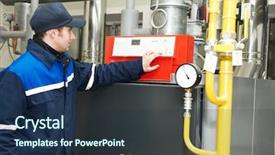  Presentation with house heating - Cool new presentation with operating ystem - maintenance engineer checking technical data backdrop and a tawny brown colored foreground