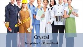  Presentation with industrial workers - Colorful slide set enhanced with businessman hanging on a social network rope backdrop and a light gray colored foreground