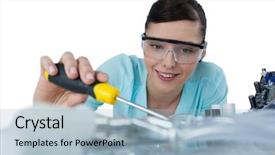  Presentation with computer motherboard - Cool new presentation theme with technical expertise - female computer engineer repairing computer backdrop and a light blue colored foreground