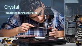  Presentation with technical - Colorful theme enhanced with technical expertise - repairman trying to repair laptop backdrop and a ocean colored foreground