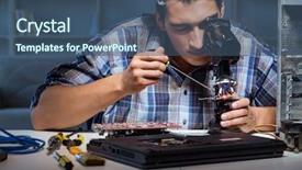  Presentation with technical - Beautiful slides featuring technical expertise - repairman trying to repair laptop backdrop and a ocean colored foreground
