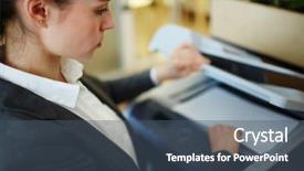  Presentation with xerox - Slides featuring technical expertise - young businesswoman making copies background and a ocean colored foreground