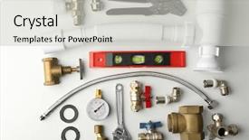 Presentation with plumber - Presentation theme consisting of technical improvement - plumber tools isolated on white background and a light gray colored foreground