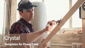  Presentation with wooden boat at sea edge - PPT theme having technical improvement - worker makes measurements background and a coral colored foreground