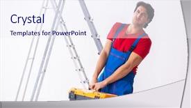  Presentation with working togheter kids - PPT theme featuring technical improvement - young handsome contractor working indoors background and a sky blue colored foreground