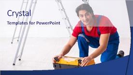  Presentation with improvement - Slide set having technical improvement - young handsome contractor working indoors background and a sky blue colored foreground