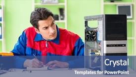  Presentation with desktop - Cool new slide deck with technical report - computer engineer repairing broken desktop backdrop and a ocean colored foreground