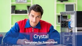  Presentation with old desktop computer - Presentation theme having technical report - computer engineer repairing broken desktop background and a ocean colored foreground