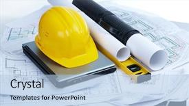  Presentation with mechanical - PPT theme consisting of technical report - image of helmet blueprints laptop background and a light blue colored foreground