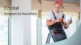  Presentation with reslience at work - Slide deck consisting of technical report - young repairman checking the drawings background and a coral colored foreground