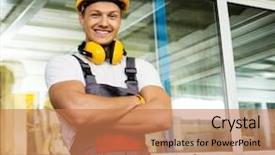  Presentation with worker safety - Beautiful PPT theme featuring technical service - happy worker wearing safety hat backdrop and a coral colored foreground