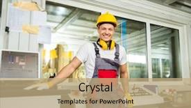  Presentation with worker safety - Beautiful presentation theme featuring technical service - happy worker wearing safety hat backdrop and a coral colored foreground