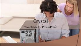  Presentation with service technician - Beautiful PPT theme featuring technical service - technician repairing a computer backdrop and a soft green colored foreground